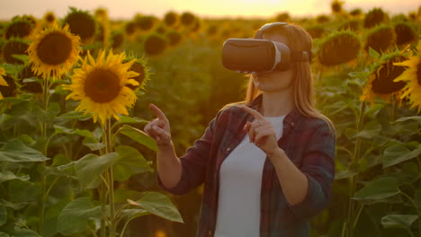 La-Científica-De-Pelo-Largo-Con-Camisa-A-Cuadros-Y-Jeans-Está-Trabajando-Con-Gafas-Vr.-Ella-Está-Involucrada-En-El-Proceso-De-Trabajo.-Es-Una-Gran-Tarde-Soleada-En-El-Campo-De-Girasoles-Al-Atardecer.